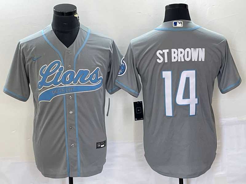 Men%27s Detroit Lions #14 Amon Ra St Brown Grey With Patch Cool Base Stitched Baseball Jersey